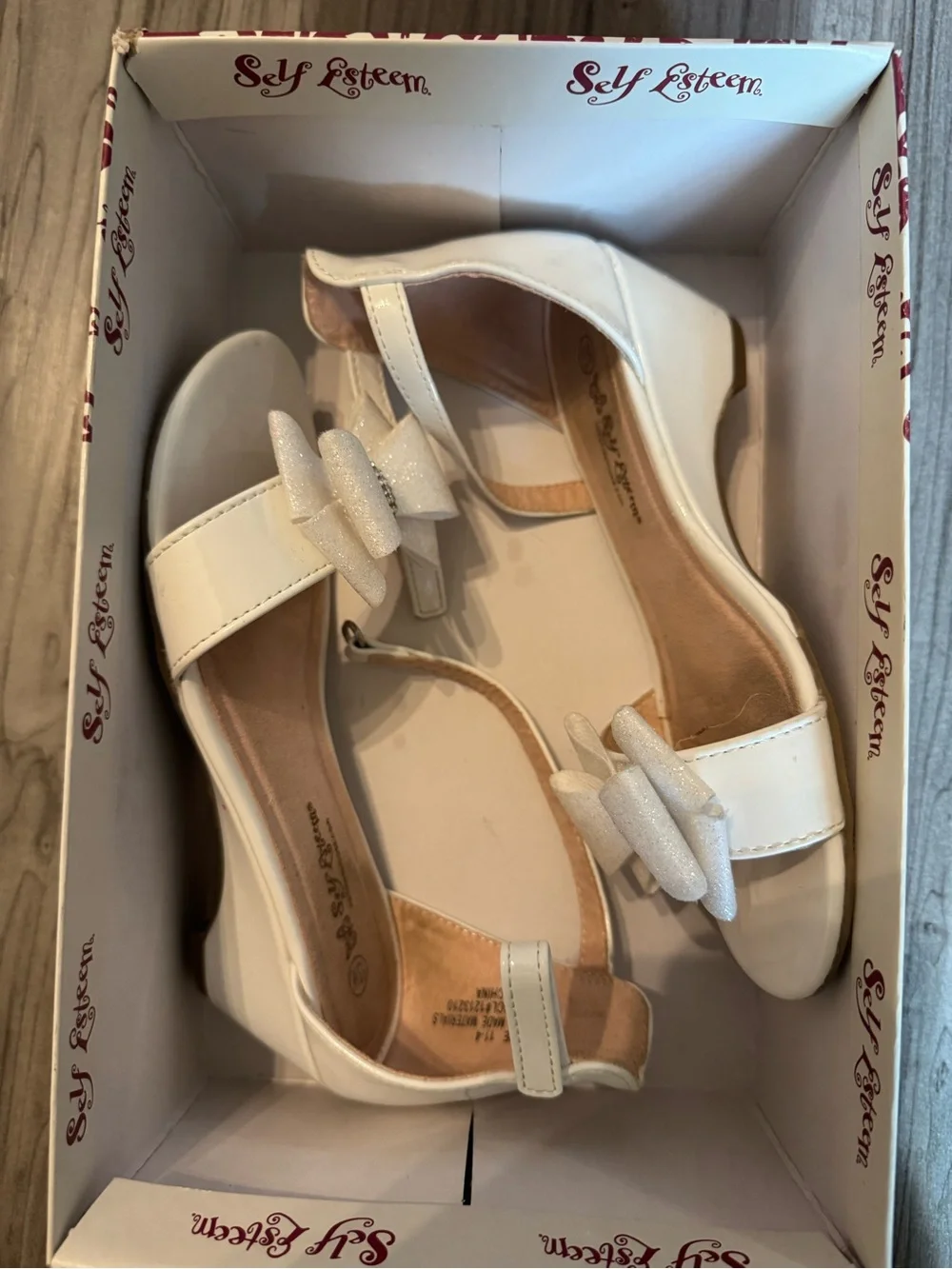 Self Esteem White Bow Ankle-Strap Wedge Sandals